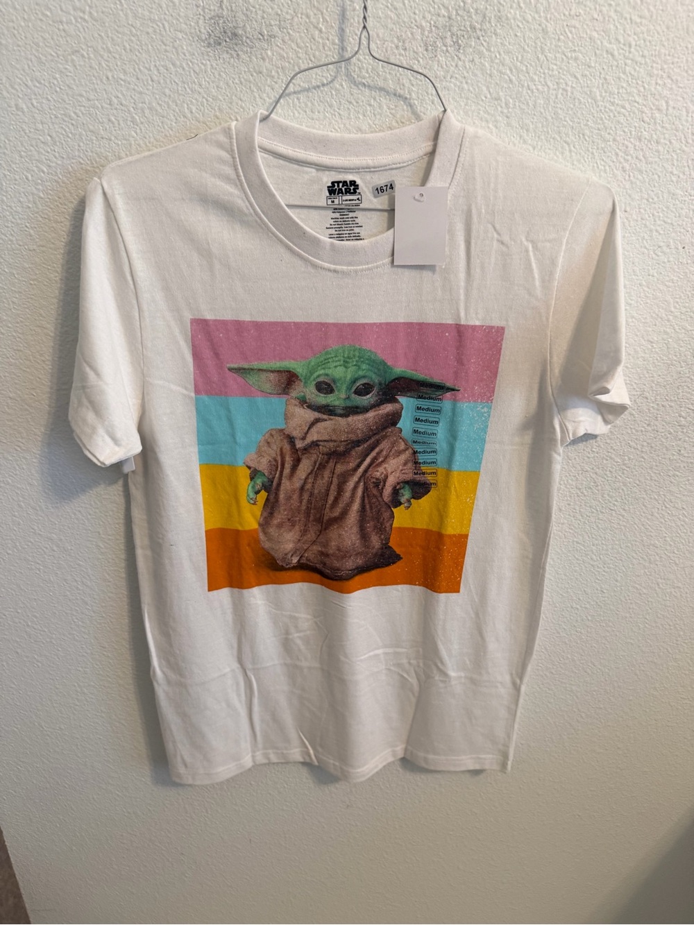 Star Wars Kids Tee White with Green Grogu and Pink/Blue/Yellow/Orange Stripes